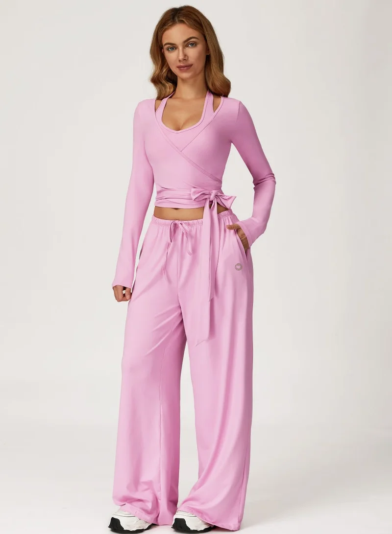 KAWN.YOGA Carnation Pink 2 Piece Set Including a V-Neck Halter Bra And A Long-Sleeve Crop Top for Women | Best Price UAE