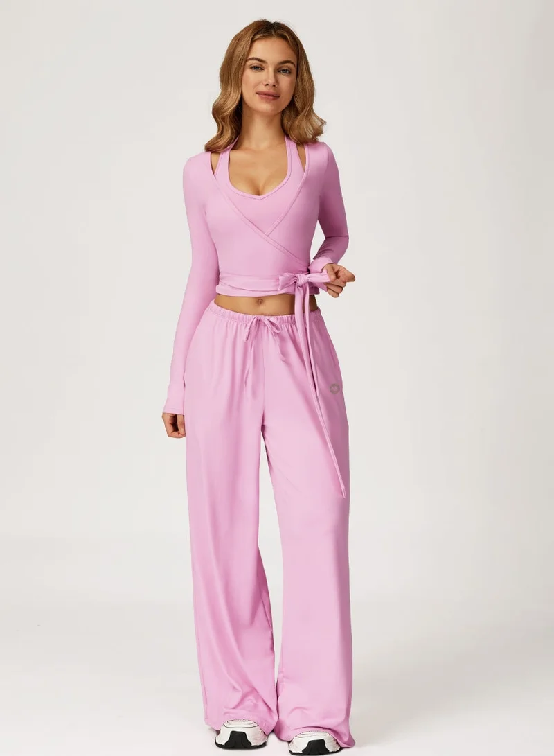 KAWN.YOGA Carnation Pink 2 Piece Set Including a V-Neck Halter Bra And A Long-Sleeve Crop Top for Women | Best Price UAE