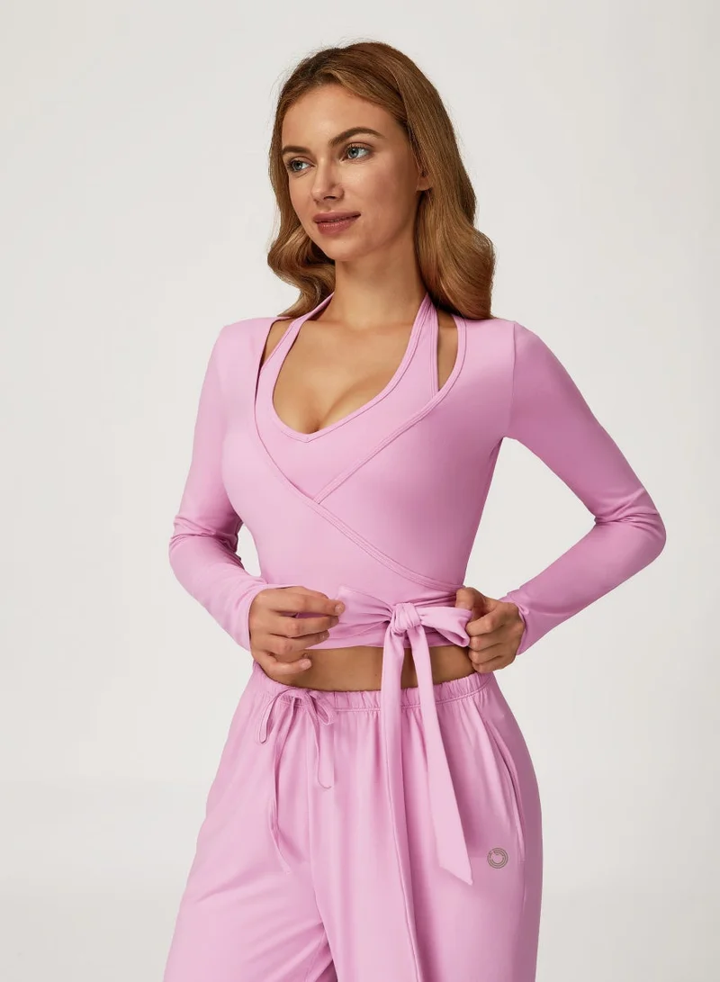 KAWN.YOGA Carnation Pink 2 Piece Set Including a V-Neck Halter Bra And A Long-Sleeve Crop Top for Women | Best Price UAE