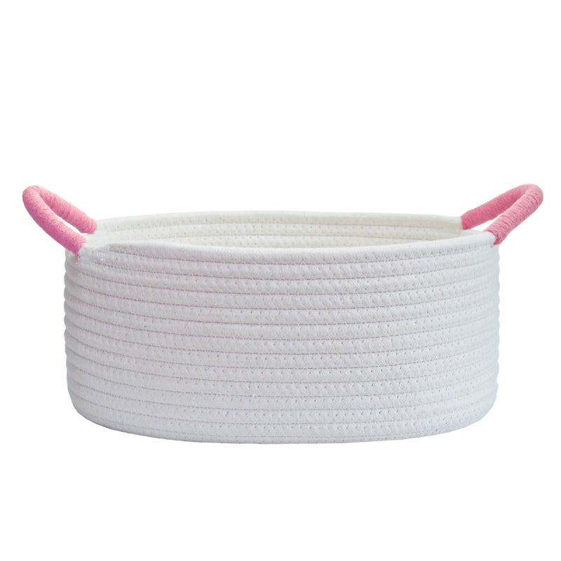 Yimi's Dream Baskets for Gifts Empty, Small Storage Baskets for Shelf, Decorative White Woven Baskets with Pink Handle for Mom, Nursery, Baby Shower, Christmas(Oval, 12"x 8"x 5") - Image 1
