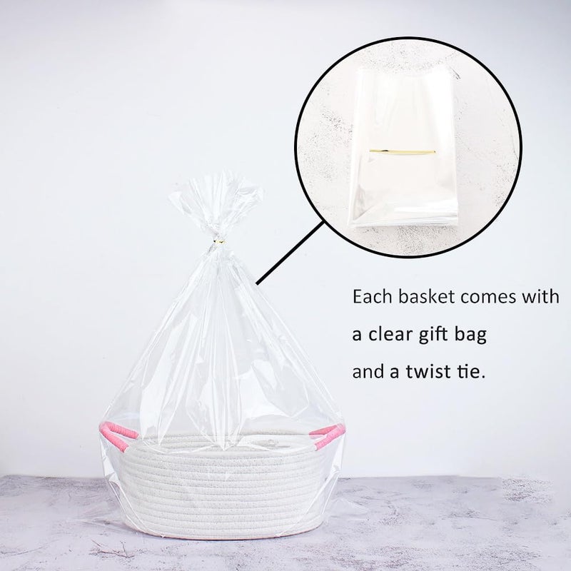 Yimi's Dream Baskets for Gifts Empty, Small Storage Baskets for Shelf, Decorative White Woven Baskets with Pink Handle for Mom, Nursery, Baby Shower, Christmas(Oval, 12"x 8"x 5") - Image 2