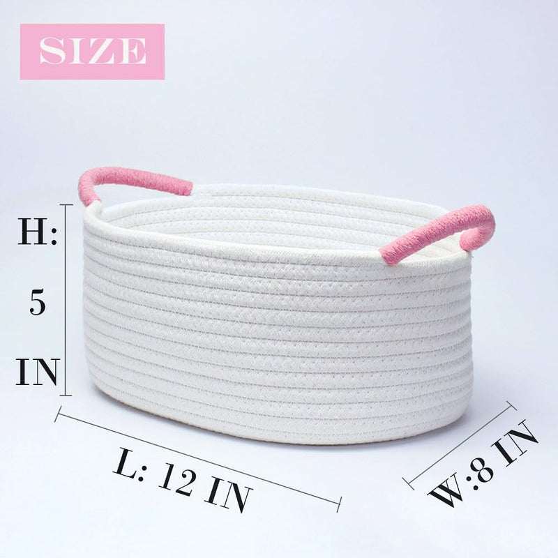 Yimi's Dream Baskets for Gifts Empty, Small Storage Baskets for Shelf, Decorative White Woven Baskets with Pink Handle for Mom, Nursery, Baby Shower, Christmas(Oval, 12"x 8"x 5") - Image 4