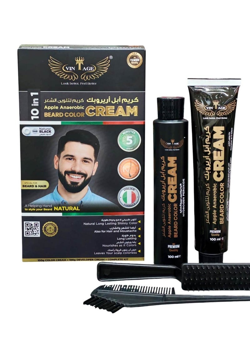 Vintage Apple Anaerobic Beard & Hair Color Cream Natural black (V44B)  – Covers Gray Hair in 5 Minutes – Formula – Complete 10 in 1 Kit - Image 1