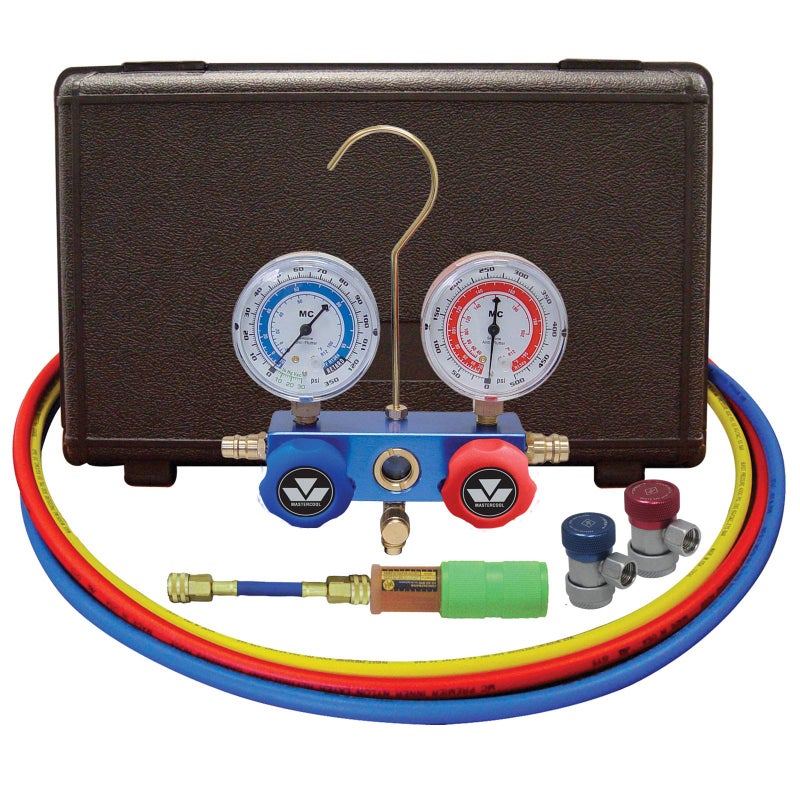 Mastercool 89661UV Automotive R134a 2Way Manifold Gauge Set with Mini Dye Injector  US Designed Assembled and Tested  Includes 60 Hoses and Manual Couplers