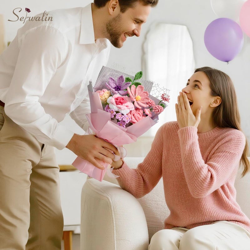 Serwalin Crochet Flower Bouquet,Pink Knitted Flowers,Roses Crochet Flowers for Motherâ€™s Day Lover Wedding Anniversary Birthday Valentine Day Back-to-School or Graduation Ceremonies Gift (with Card) - Image 5