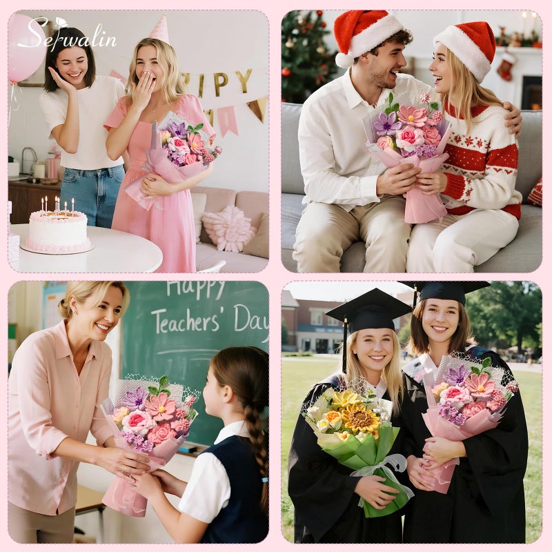Serwalin Crochet Flower Bouquet,Pink Knitted Flowers,Roses Crochet Flowers for Motherâ€™s Day Lover Wedding Anniversary Birthday Valentine Day Back-to-School or Graduation Ceremonies Gift (with Card) - Image 3