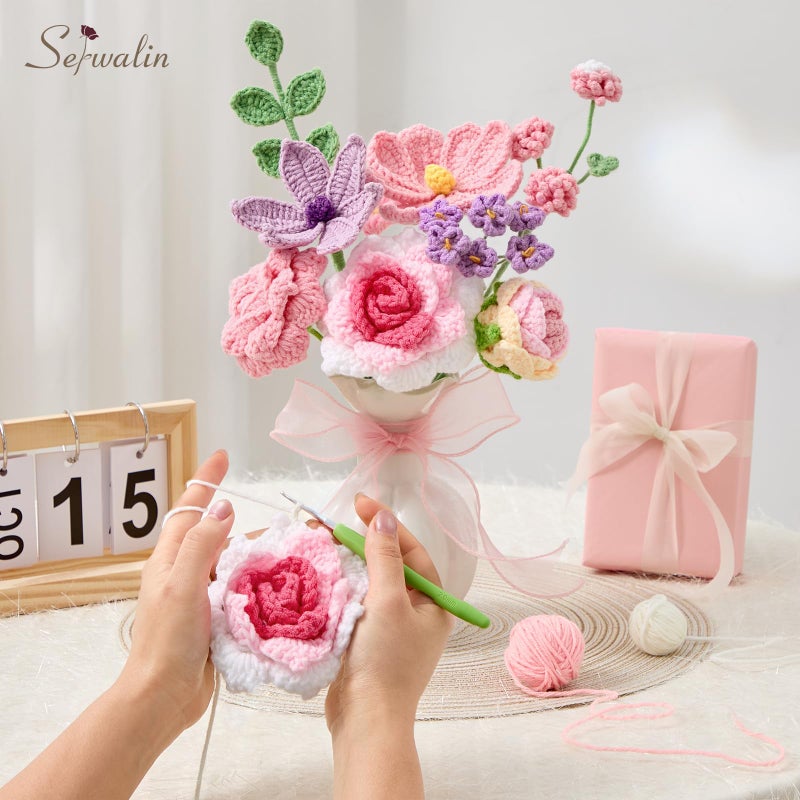 Serwalin Crochet Flower Bouquet,Pink Knitted Flowers,Roses Crochet Flowers for Motherâ€™s Day Lover Wedding Anniversary Birthday Valentine Day Back-to-School or Graduation Ceremonies Gift (with Card) - Image 4