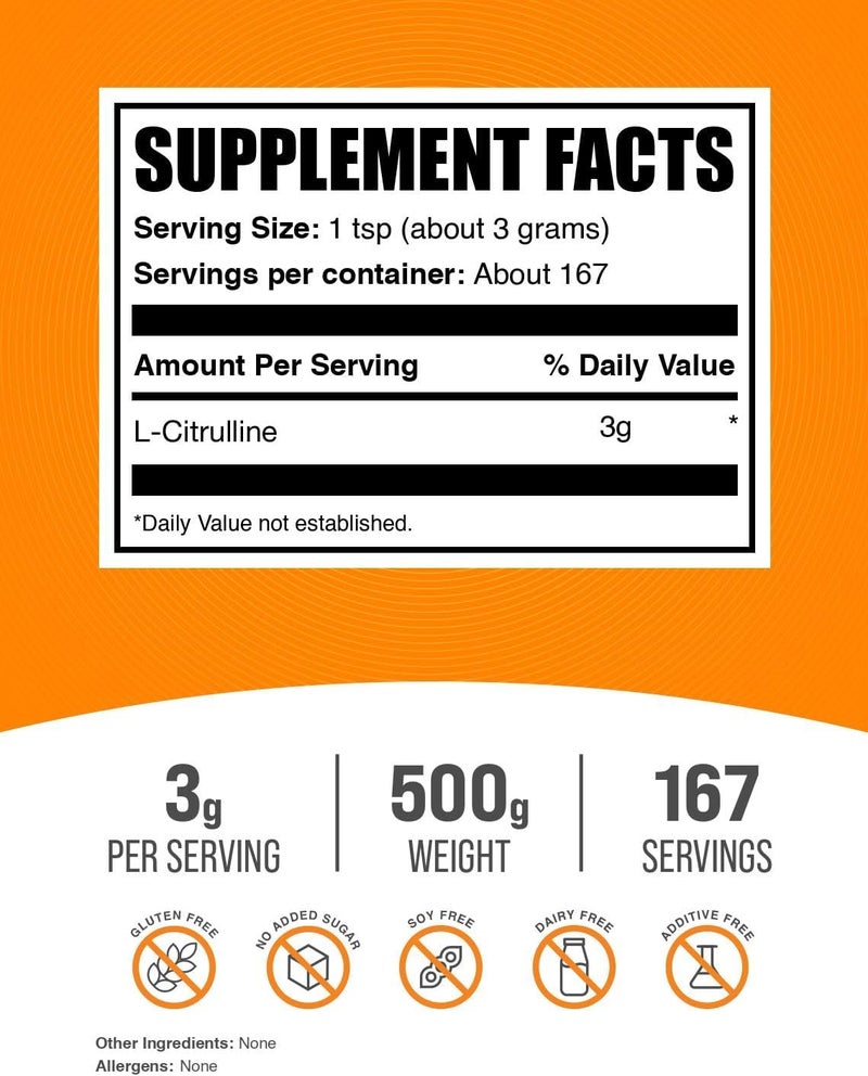 BulkSupplements مسحوق إل-سيترولين من بولك سابليمنتس  مكمل سيترولين  مكمل أكسيد النيتريك  بدون نكهة  خالي من الجلوتين  3 جرام لكل حصة  500 جرام  11 رطل  عبوة واحدة - Image 2