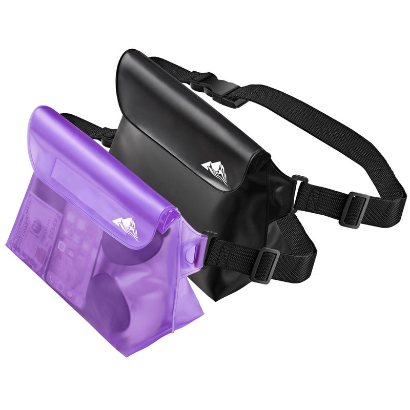 HEETA 2-Pack Waterproof Pouch with Waist Strap, Screen Touchable Dry Bag with Adjustable Belt for Phone Valuables for Kayaking Swimming Snorkeling Boating Fishing Surfing Beach (Purple & Black) - Image 1