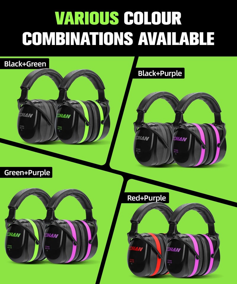 ZOHAN 012 Noise Reduction Earmuffs 2 Packs for Hearing Protection, NRR 28dB Adjustable Safety Ear Muffs for Mowing, Autism, Sporting Events, Outdoor Work, Construction - Green and Purple - Image 2