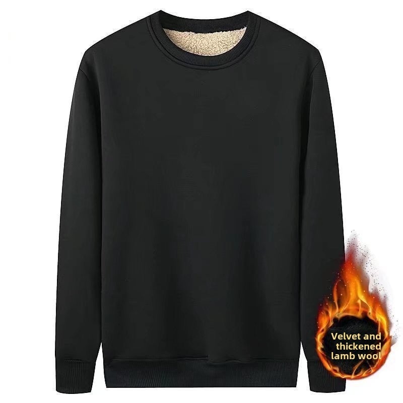 Thick Fleece Hoodie Men Warm Solid Sportswear Round neck lamb Black 
