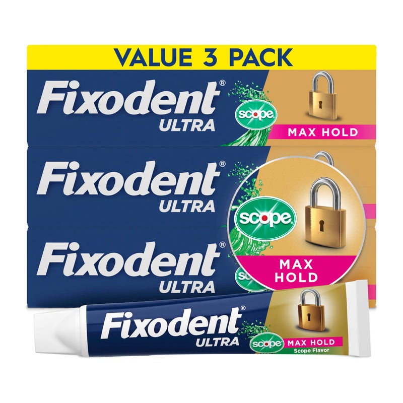 Fixodent Ultra Max Hold Plus Scope Secure Denture Adhesive, 1.8oz, 3 Pack - Image 1
