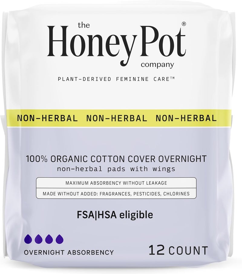 The Honey Pot Company - Pads for Women - Non-Herbal Overnight Pads w/Wings - Organic Cotton Cover, & Ultra-Absorbent Pulp Core - Sanitary Pads for Women - Feminine Care - FSA & HSA Eligible - 12 ct