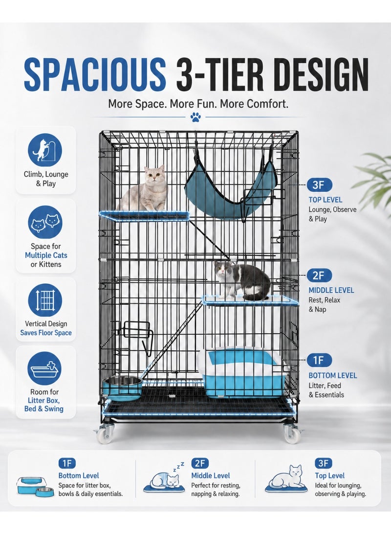 HUMJO 3-Tier Cat House Large Foldable Pet Cage with  Room for Cat Litter Box,Cat Bed, and Cat Swing,Detached Cat Villa For At Least 2 Adult Cats. - Image 2