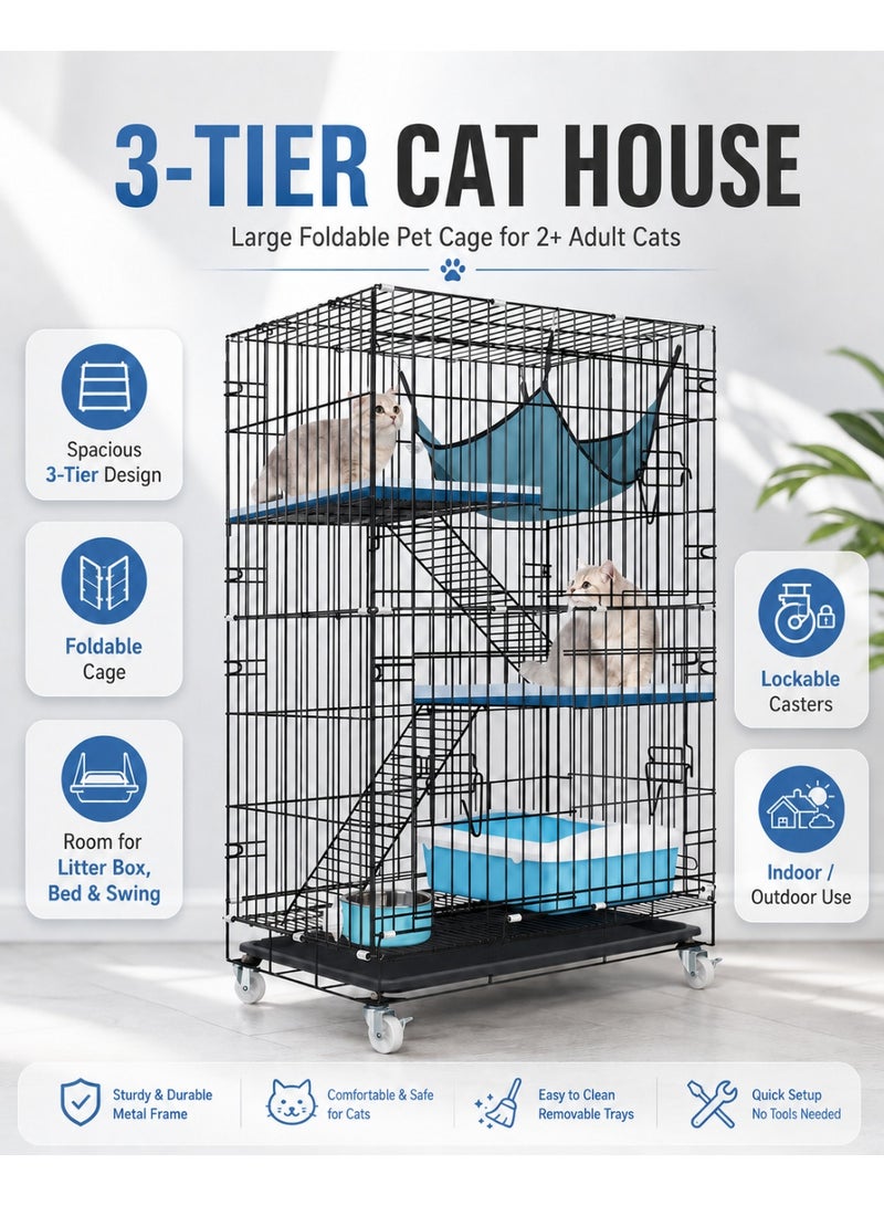 HUMJO 3-Tier Cat House Large Foldable Pet Cage with  Room for Cat Litter Box,Cat Bed, and Cat Swing,Detached Cat Villa For At Least 2 Adult Cats. - Image 3