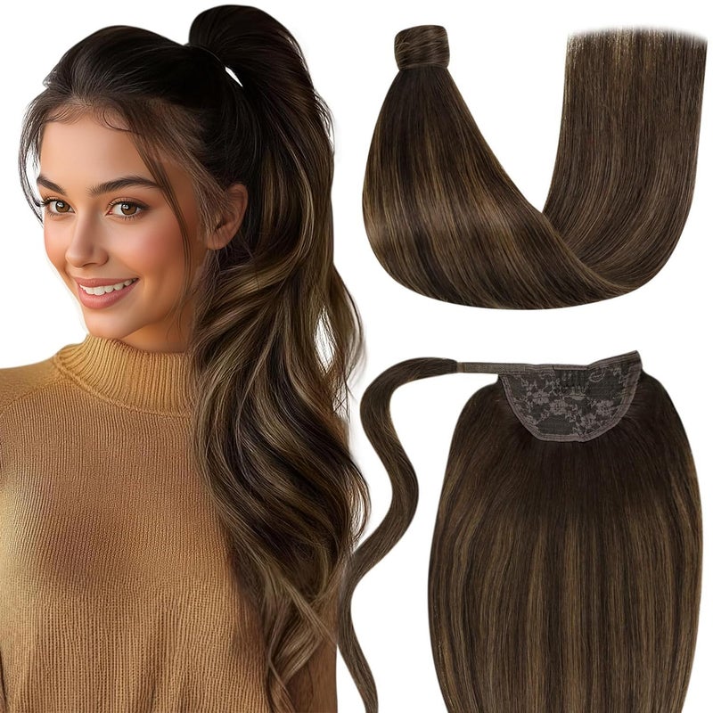LaaVoo Ponytail Extension Human Hair Brown Ponytail Hair Extensions Long Ponytail Human Hair Extensions Balayage Dark Brown to Light Brown 20 Inch 80g