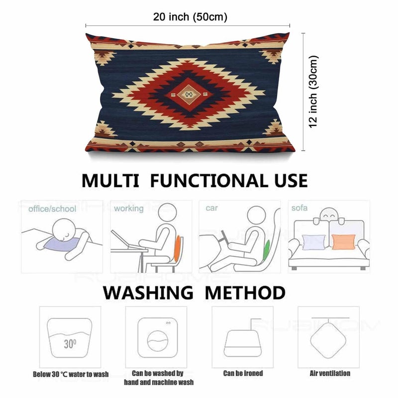Smooffly Vintage Southwest American Throw Pillow Case Waist Lumbar Cotton Linen Throw Pillow case Cushion Cover for Sofa Home Decorative Oblong 12x20 Inches Blue Red - Image 3