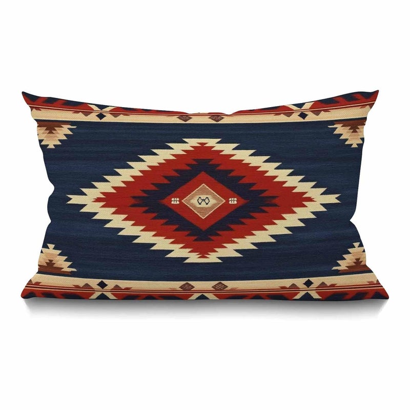Smooffly Vintage Southwest American Throw Pillow Case Waist Lumbar Cotton Linen Throw Pillow case Cushion Cover for Sofa Home Decorative Oblong 12x20 Inches Blue Red - Image 1