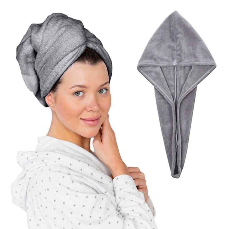 HOUSSE Microfibre Head Towels | 550 GSM High Absorbent Hair Wrap with Adjustable Buttons for Girls | Super Soft & Quick Dry Wrap Towel for Hairs | Pack of 2 | 25x65 cm (Jungle Green & Natural Grey) - Image 5