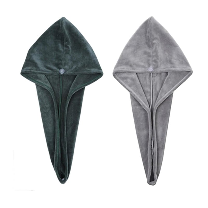 HOUSSE Microfibre Head Towels | 550 GSM High Absorbent Hair Wrap with Adjustable Buttons for Girls | Super Soft & Quick Dry Wrap Towel for Hairs | Pack of 2 | 25x65 cm (Jungle Green & Natural Grey) - Image 1