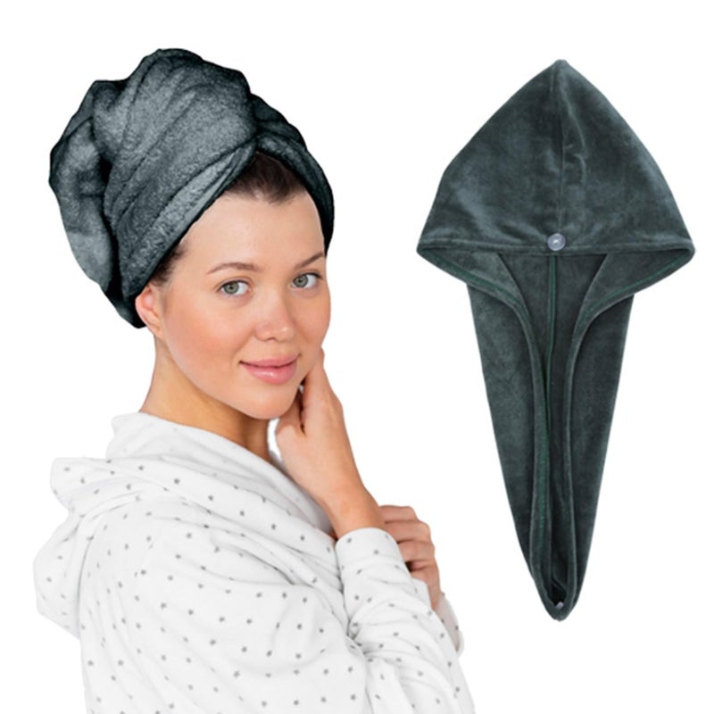 HOUSSE Microfibre Head Towels | 550 GSM High Absorbent Hair Wrap with Adjustable Buttons for Girls | Super Soft & Quick Dry Wrap Towel for Hairs | Pack of 2 | 25x65 cm (Jungle Green & Natural Grey) - Image 4