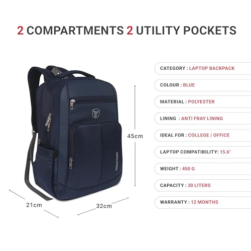 Urban Tribe Chrono Laptop Backpack 30L,Lightweight 450g, Fits 15.6 Inch Laptop, Water-Resistant College & Office Bag with Dedicated Laptop Compartment, Organizer Pockets & Key Holder-Black (Navy Blue) - Image 3