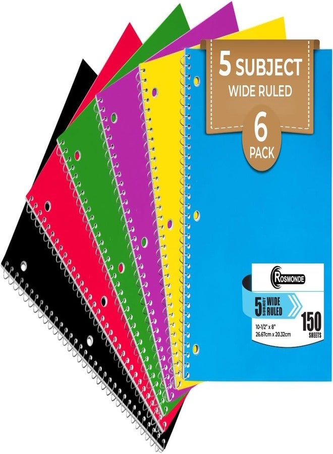 Rosmonde 5 Subject Spiral Notebooks Wide Ruled, 6 Pack, 300 Pages (150 Sheets), 8 x 10-1/2", School & Office Notebook, Sturdy Spiral Bound, Soft Cover, Assorted Fun Colors, 5 Subject Notebook, Journal - Image 1