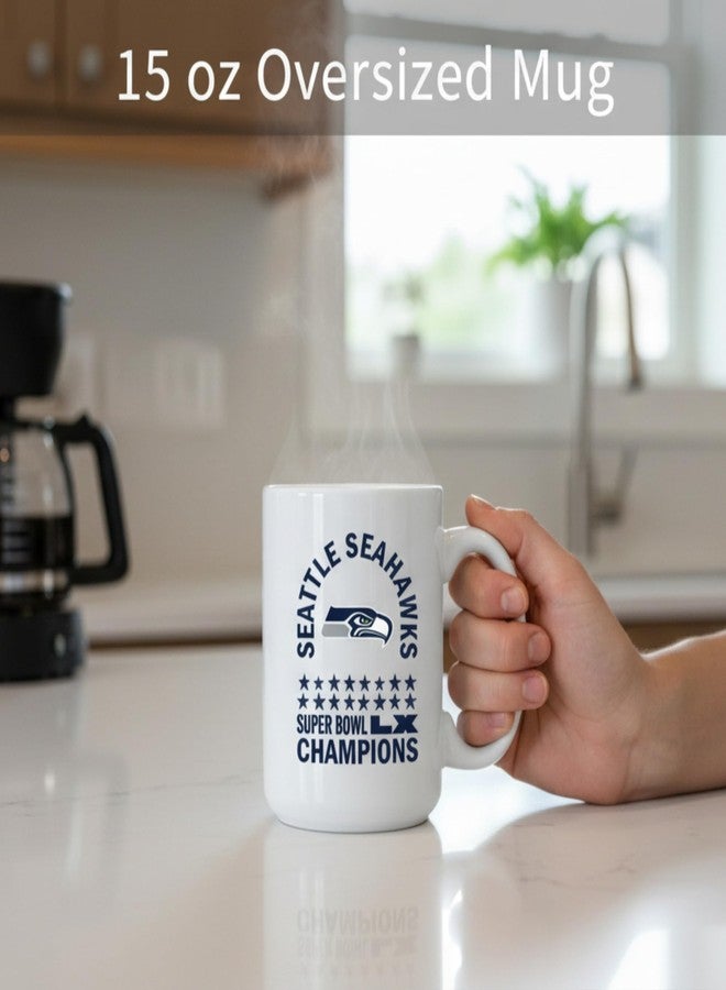 Logo Brands Seattle Seahawks Super Bowl LX Champions 15oz Ceramic Mug – Commemorative 2026 NFL Victory Coffee Cup – Large Navy & Action Green Team Gear – Microwave & Dishwasher Safe - Image 2
