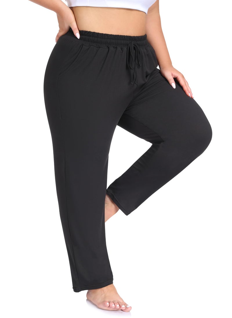 ZERDOCEAN Women's Plus Size Casual Yoga Pants Straight Leg Comfy Relaxed Joggers Lounge Pants Drawstring with Pockets Black 5X - Image 4