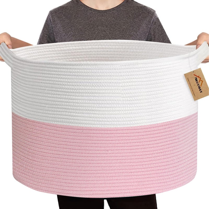 MEGASKET Pink Storage Baskets for Organizing 22X22X14 XXXL Blanket Basket Living Room Large Toy Basket Soft Pink Cotton Rope Woven Baskets for Storage Decorative Gifts Basket Bins for Nursery