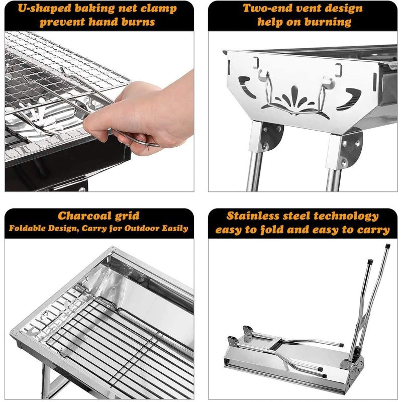 AGM Barbecue Charcoal Grill Stainless Steel Folding Portable BBQ Tool Kits for Outdoor Cooking Camping Hiking Picnics Tailgating Backpacking or Any Outdoor Event (Large) - Image 3