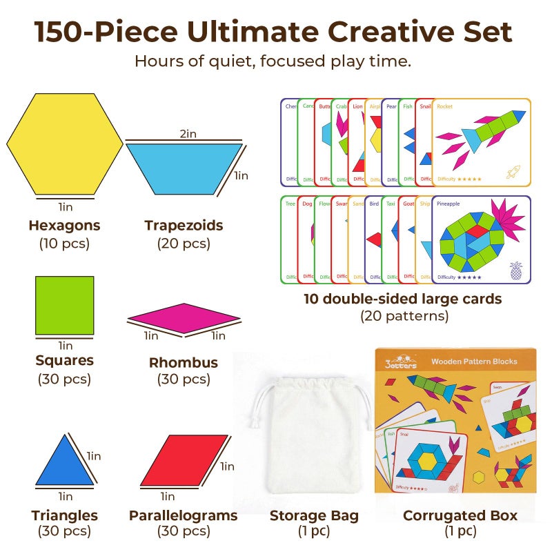 3 otters Wooden Pattern Blocks Shapes for Kids, Geometric Tangram Puzzle with Activity Cards, 150 PCS Educational Toy - Image 2