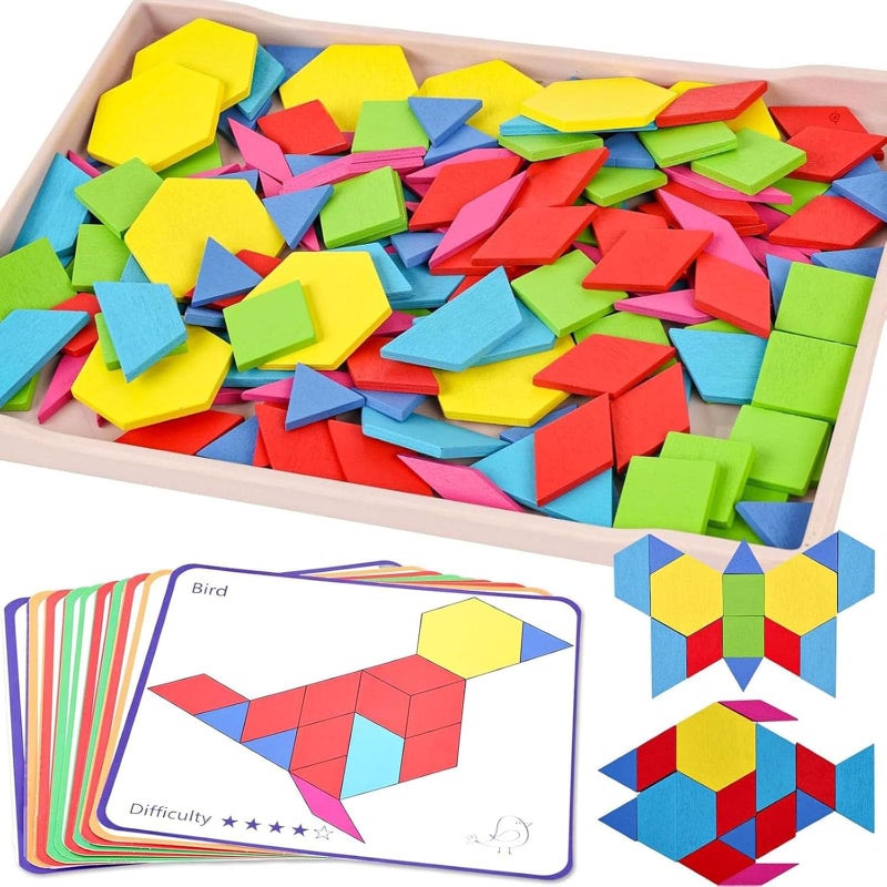 3 otters Wooden Pattern Blocks Shapes for Kids, Geometric Tangram Puzzle with Activity Cards, 150 PCS Educational Toy - Image 1