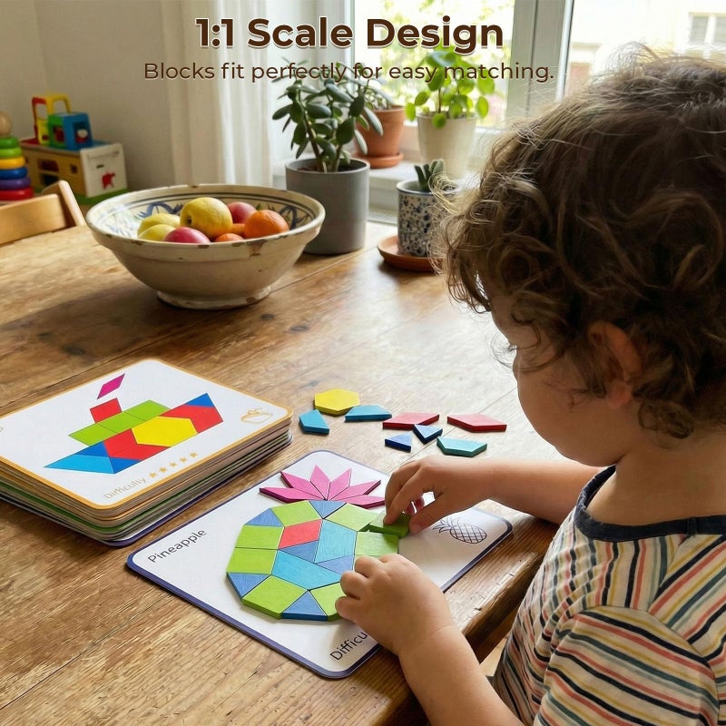 3 otters Wooden Pattern Blocks Shapes for Kids, Geometric Tangram Puzzle with Activity Cards, 150 PCS Educational Toy - Image 3