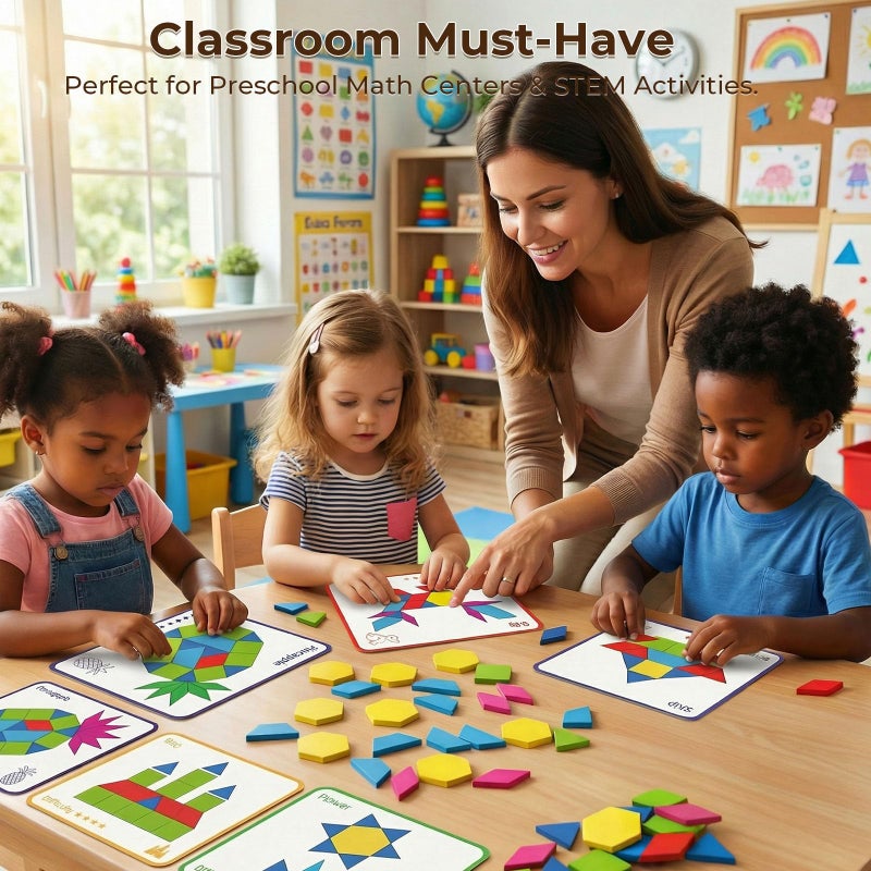 3 otters Wooden Pattern Blocks Shapes for Kids, Geometric Tangram Puzzle with Activity Cards, 150 PCS Educational Toy - Image 5
