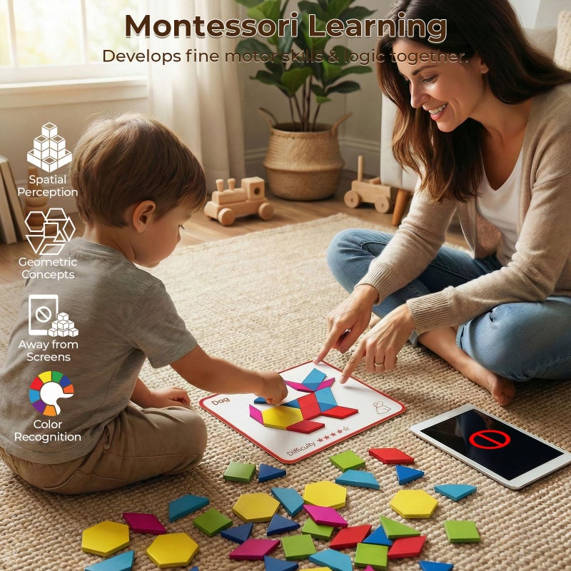 3 otters Wooden Pattern Blocks Shapes for Kids, Geometric Tangram Puzzle with Activity Cards, 150 PCS Educational Toy - Image 4