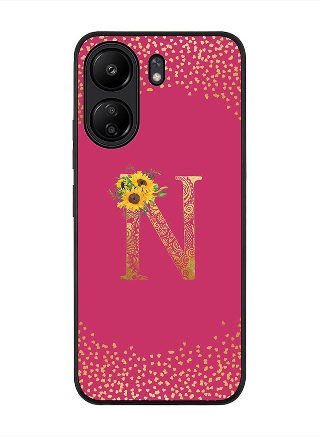Stylizedd Rugged Black Edge Case for Xiaomi Redmi 13C 4G, Slim fit Case Cover Custom Monogram Initial Letter Mandala Floral Pattern Alphabet- N (Dark Pink Rose) - Image 1