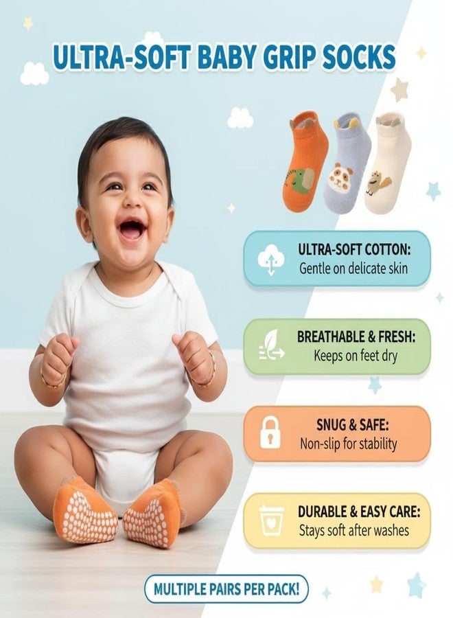 TONY STARK 6 Pairs Ultra-Soft Cotton Baby Socks Set, Antislip Socks for New Born Baby 0-3 Years, Non Slip Grip Ankle Socks with Non Skid Soles for Infants Baby Shower Gifts - Random colors - Image 3