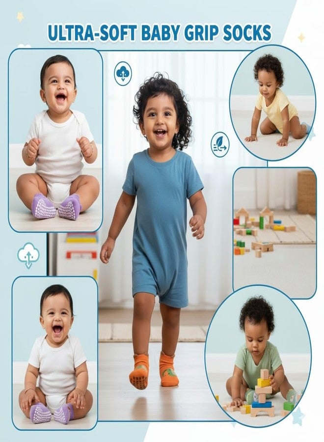 TONY STARK 6 Pairs Ultra-Soft Cotton Baby Socks Set, Antislip Socks for New Born Baby 0-3 Years, Non Slip Grip Ankle Socks with Non Skid Soles for Infants Baby Shower Gifts - Random colors - Image 2