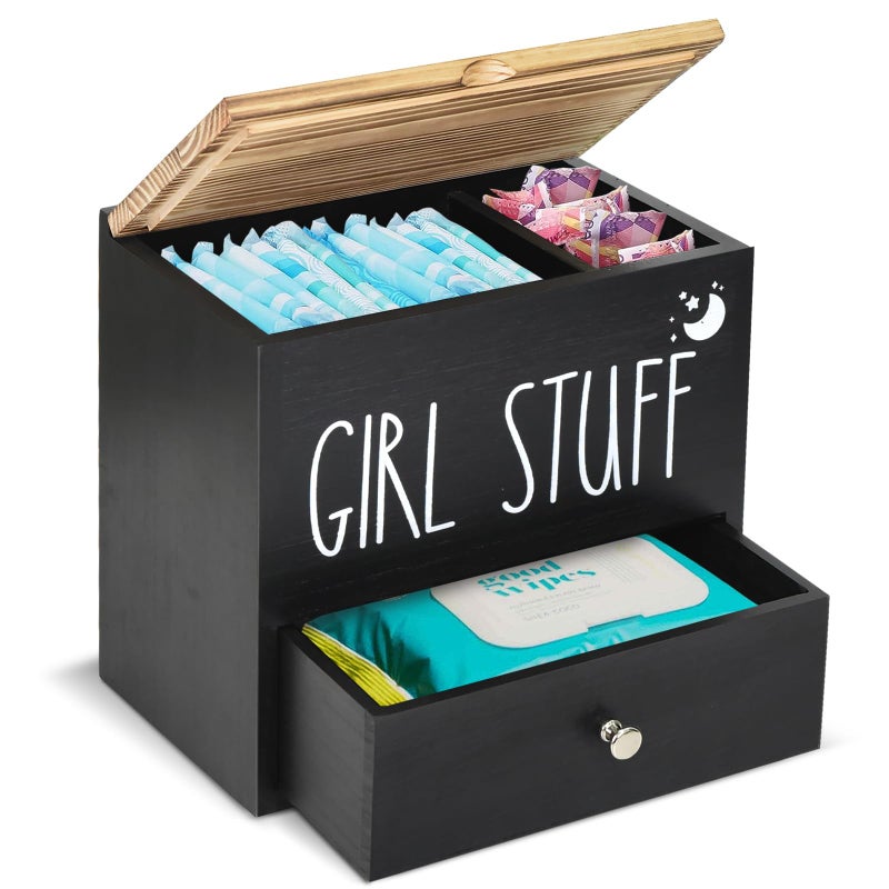 Tampon Holder for Bathroom Decor and Storage Wood Feminine Product Organizer with Drawer and Lid Pad and Tampon Organizer Bathroom Accessories Box for Tampon Storage Black Cotton BallSwab Holder