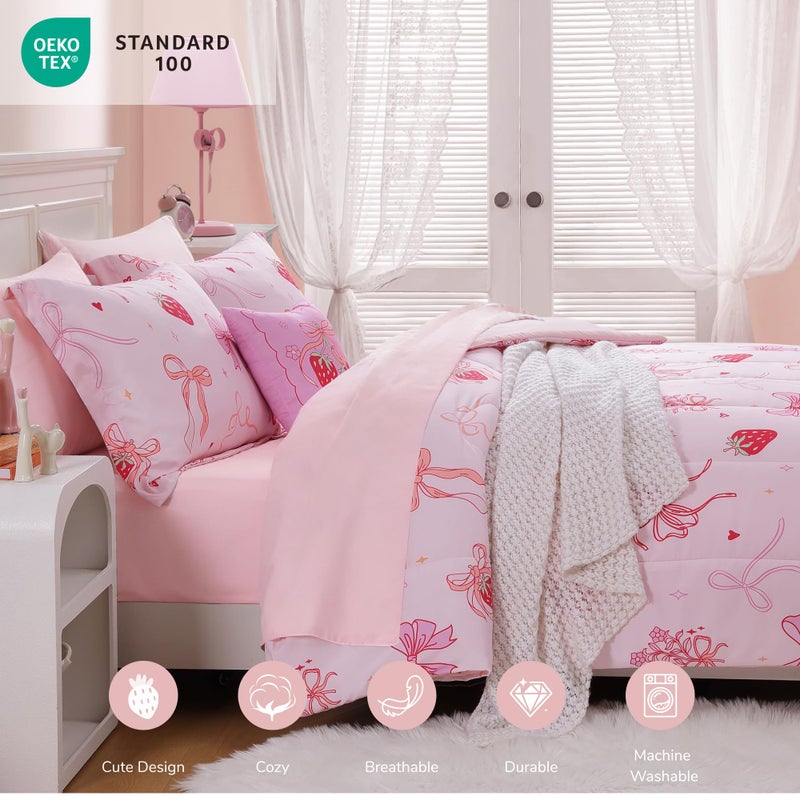 Wink Deer Twin Comforter Set for Girls-3 Pieces Pink Bow Twin Bedding Sets for Kids,1 Comforter,1 Sham and 1 Decor Pillow - Image 3