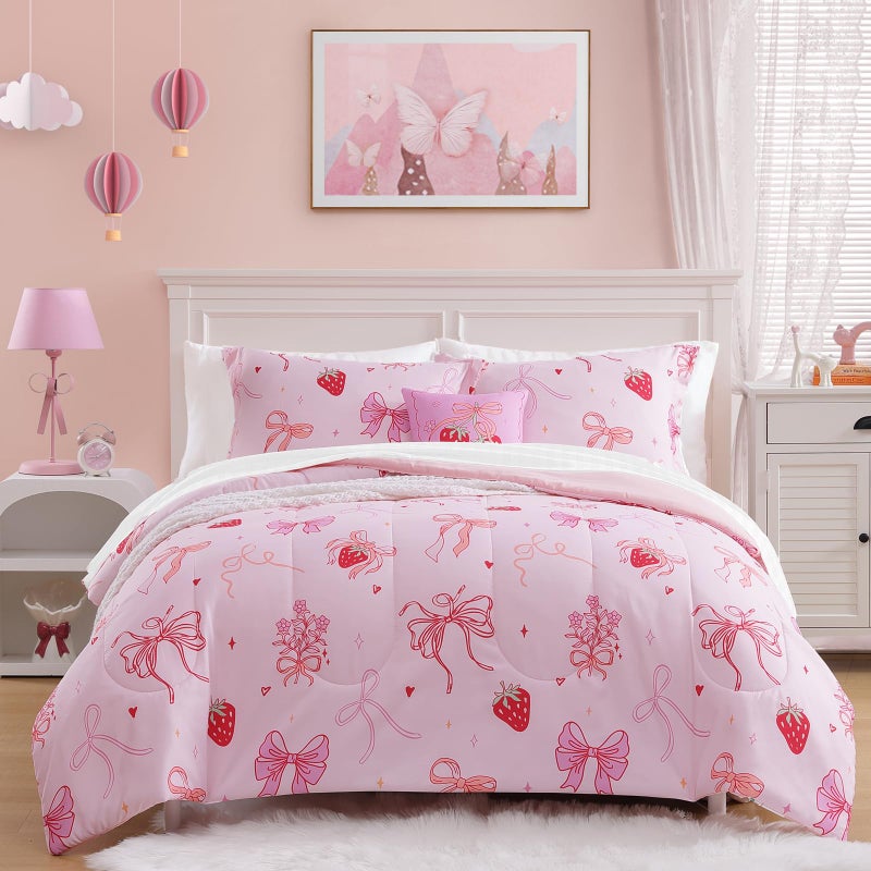 Wink Deer Twin Comforter Set for Girls-3 Pieces Pink Bow Twin Bedding Sets for Kids,1 Comforter,1 Sham and 1 Decor Pillow - Image 1