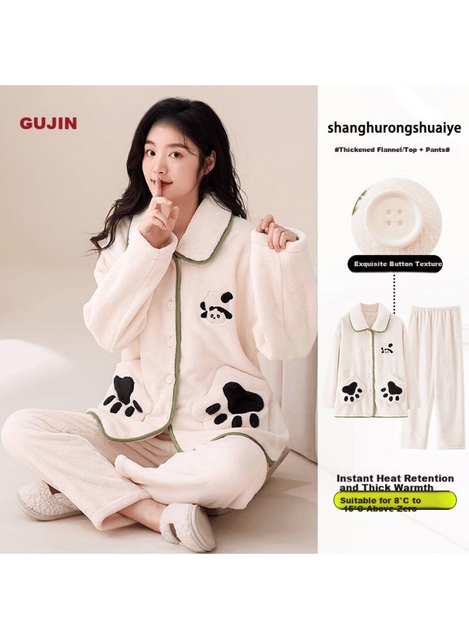 Gujin Women's Autumn Winter Flannel Coral Fleece Warm Plush Pajama Pants Homewear Cartoon Girl Student Thermal Set