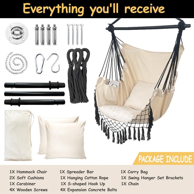 PIRNY Hammock Chair Hanging Rope Swing Chair,Max 500 Lbs, Large Hanging Chair with Pocket, 2 Cushions, Removable Steel Bar, Hardware Kit Included, Sturdy and Comfortable for Indoor Outdoor (Beige) - Image 3