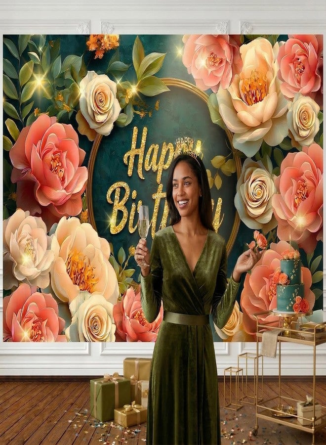 IndoTribe Sage Green Happy Birthday Banner for Women 7x5ft Backdrop Sage Green Birthday Decorations for Girls with 3D Printed Flowers, Fabric Material, Flower Wall Photo Booth - Image 2