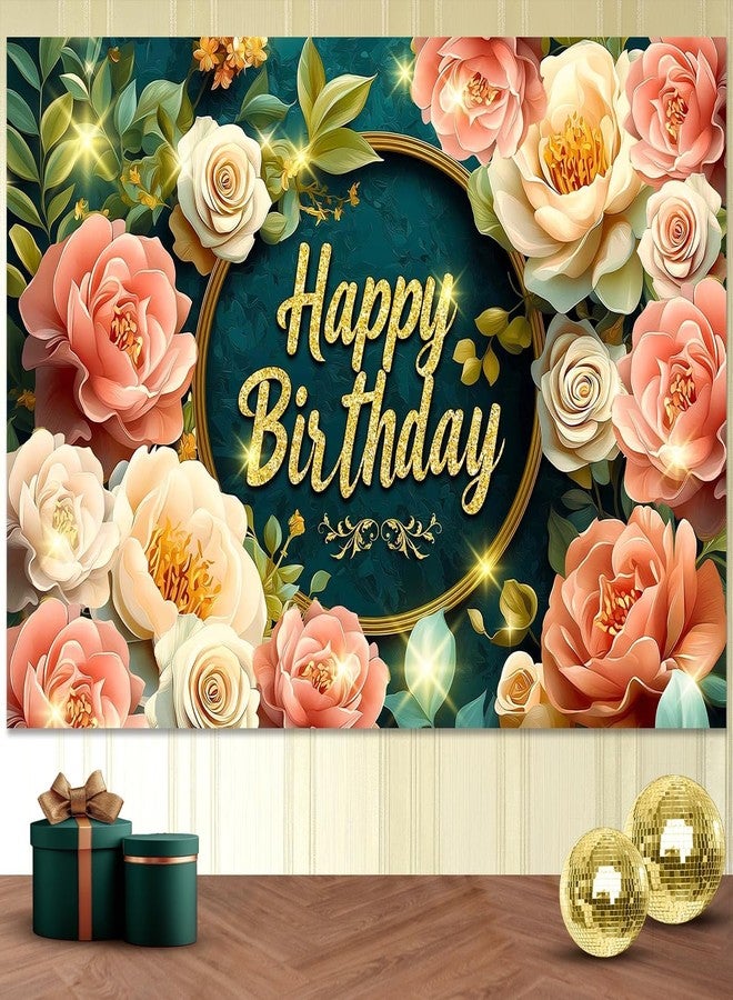 IndoTribe Sage Green Happy Birthday Banner for Women 7x5ft Backdrop Sage Green Birthday Decorations for Girls with 3D Printed Flowers, Fabric Material, Flower Wall Photo Booth - Image 1