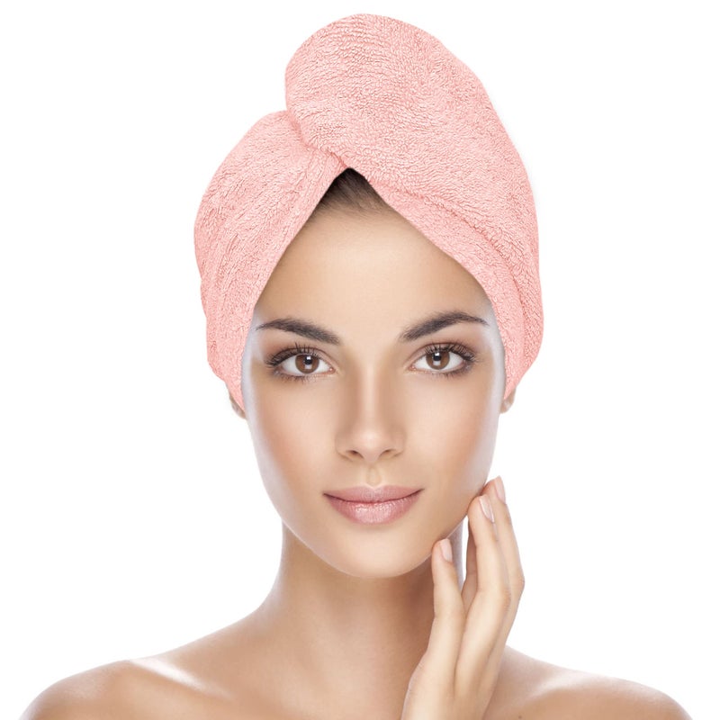 KEEPOZ Zero Twist 100% Cotton Terrycloth Hair Turban, Rapid Drying Towel with Button and Elastic Strap, Anti Frizz Cap for Long Thick Hair (Pink) - Image 1