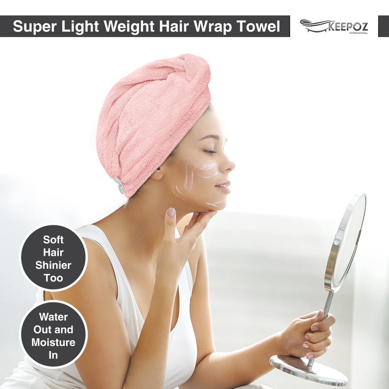 KEEPOZ Zero Twist 100% Cotton Terrycloth Hair Turban, Rapid Drying Towel with Button and Elastic Strap, Anti Frizz Cap for Long Thick Hair (Pink) - Image 3