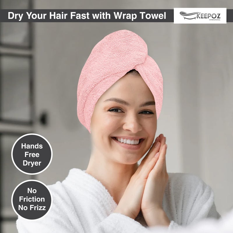 KEEPOZ Zero Twist 100% Cotton Terrycloth Hair Turban, Rapid Drying Towel with Button and Elastic Strap, Anti Frizz Cap for Long Thick Hair (Pink) - Image 5