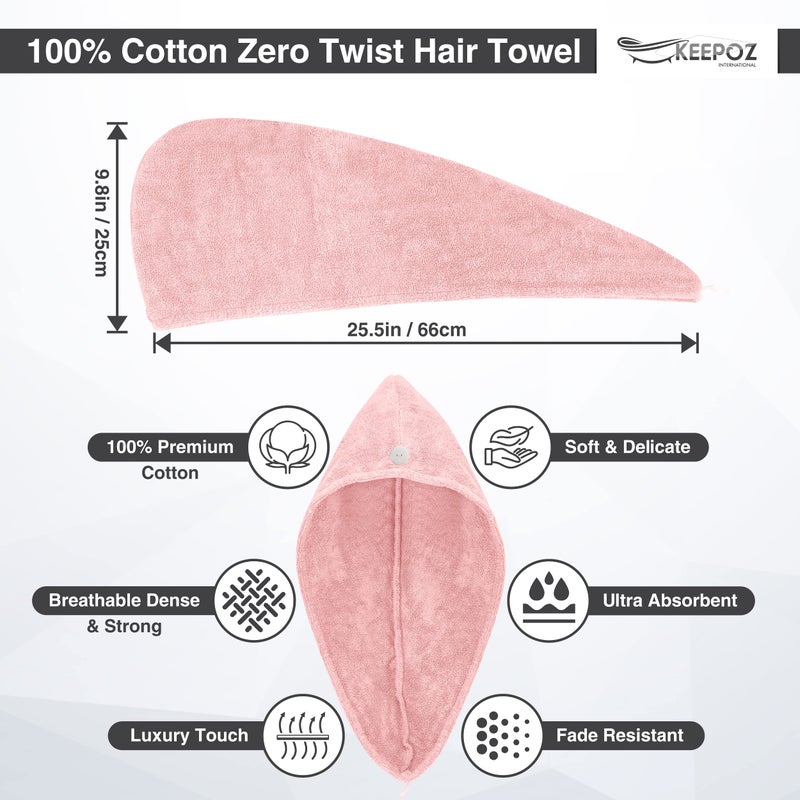 KEEPOZ Zero Twist 100% Cotton Terrycloth Hair Turban, Rapid Drying Towel with Button and Elastic Strap, Anti Frizz Cap for Long Thick Hair (Pink) - Image 2